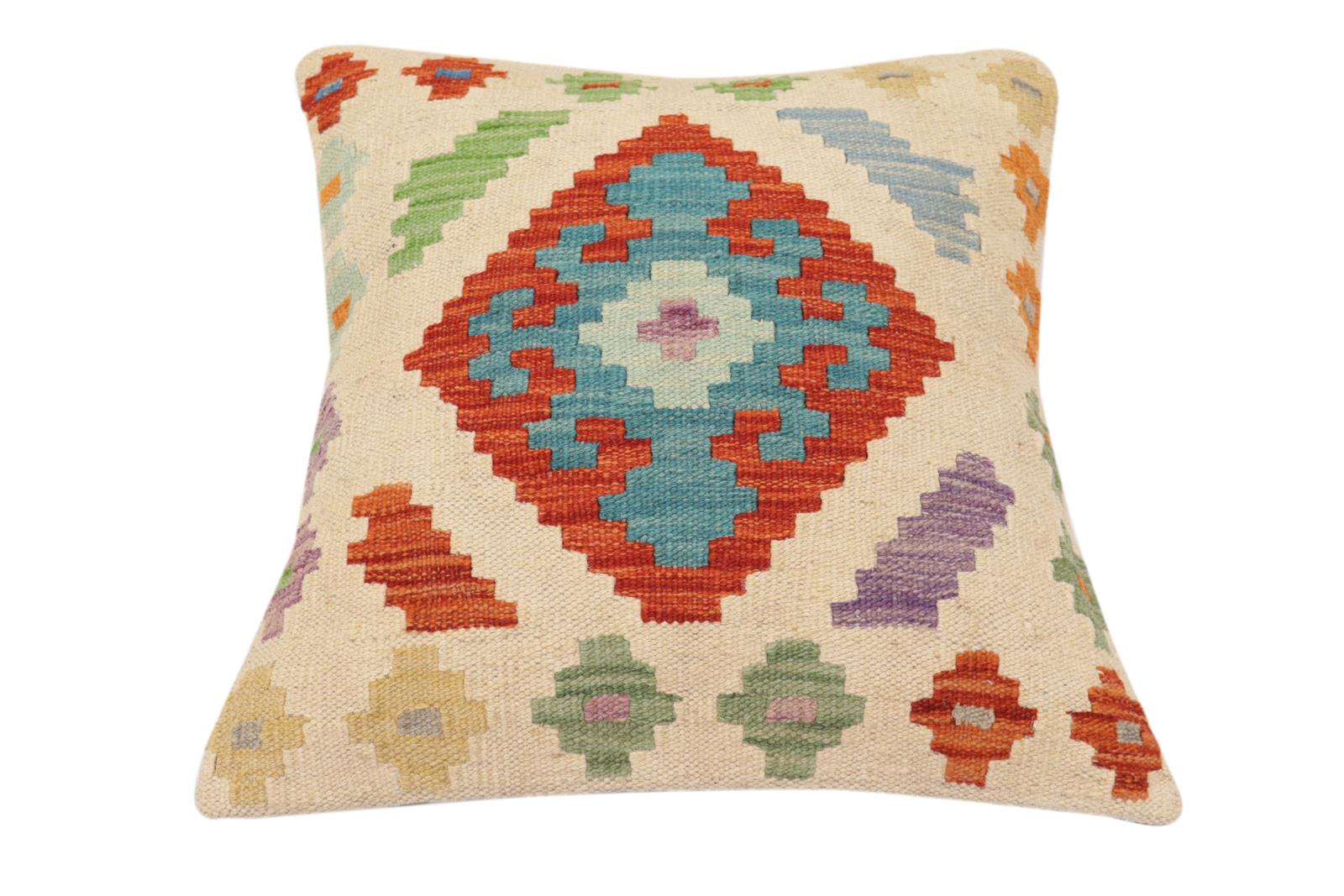 handmade Traditional Pillow Beige Rust Hand-Woven SQUARE 100% WOOL Hand woven turkish pillow2 x 2