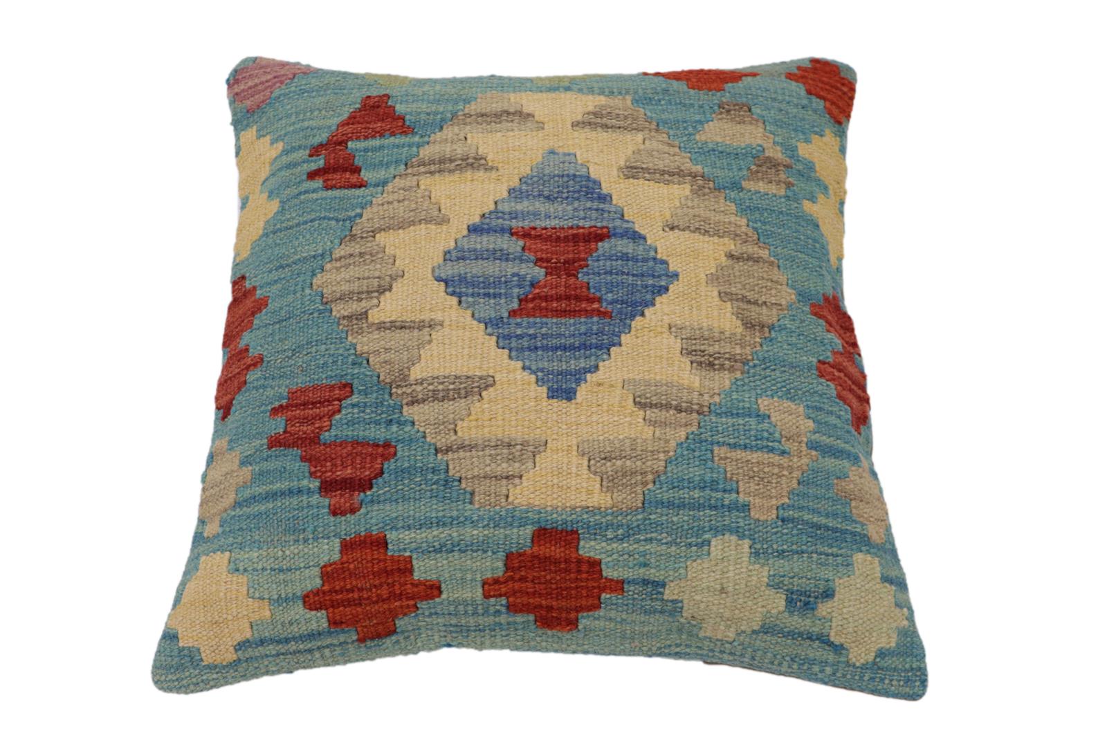 handmade Traditional Pillow Blue Red Hand-Woven SQUARE 100% WOOL Hand woven turkish pillow2 x 2