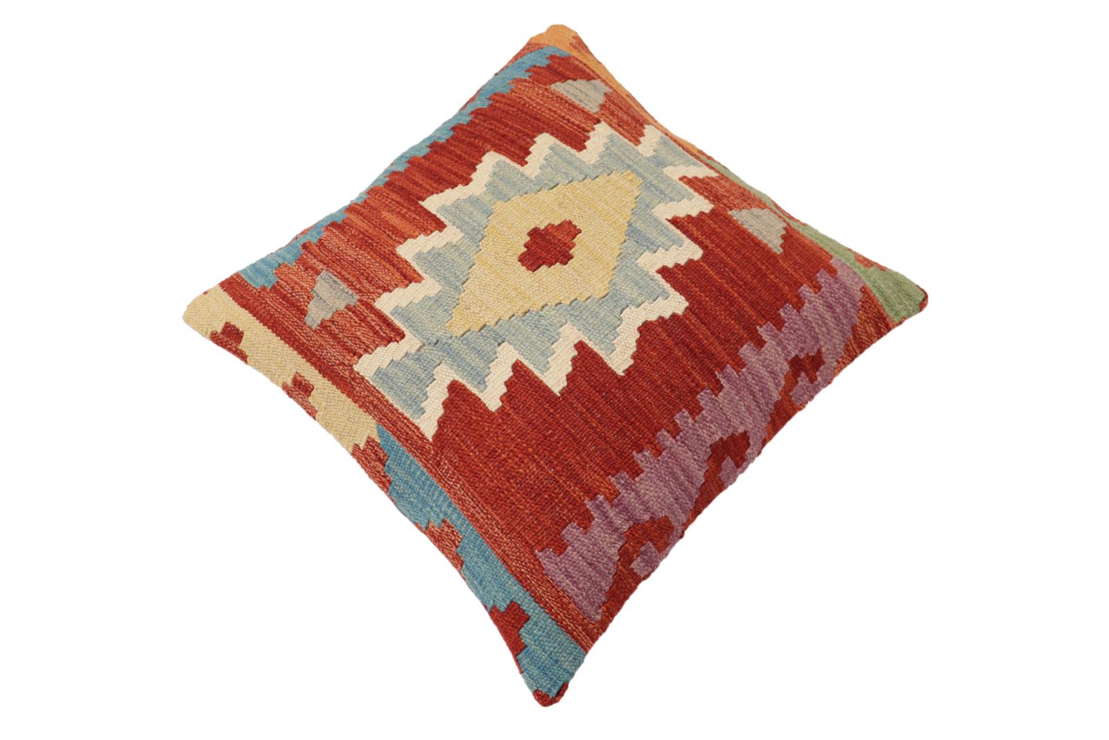 handmade Traditional Pillow Rust Blue Hand-Woven SQUARE 100% WOOL Hand woven turkish pillow2 x 2