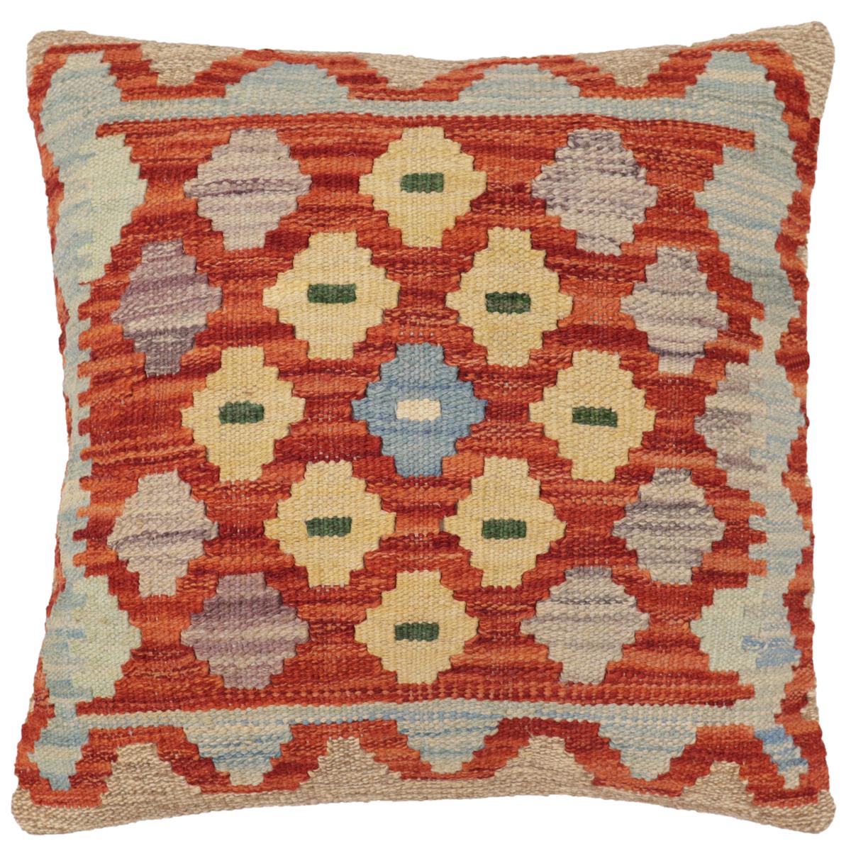 handmade Traditional Pillow Rust Blue Hand-Woven SQUARE 100% WOOL Hand woven turkish pillow2 x 2