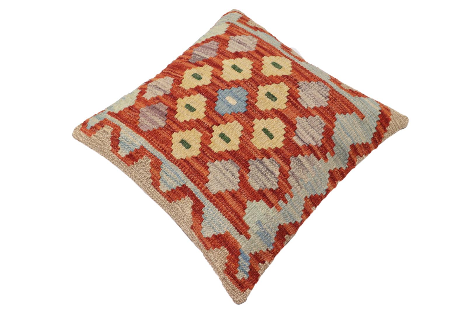 handmade Traditional Pillow Rust Blue Hand-Woven SQUARE 100% WOOL Hand woven turkish pillow2 x 2