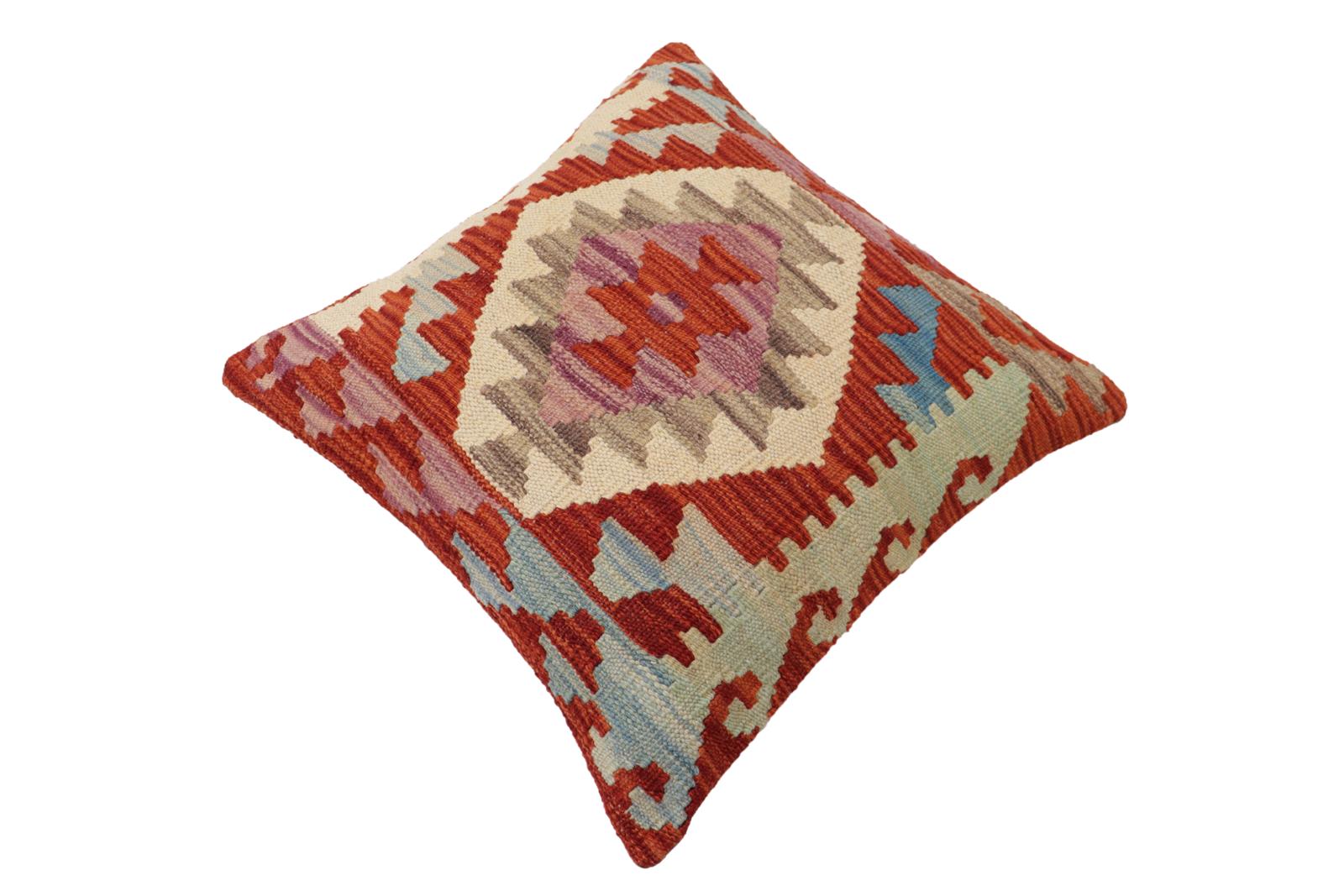 handmade Traditional Pillow Rust Blue Hand-Woven SQUARE 100% WOOL Hand woven turkish pillow2 x 2