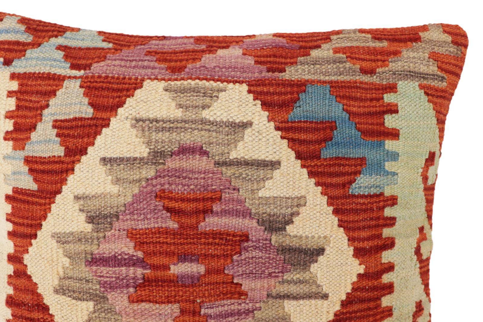 handmade Traditional Pillow Rust Blue Hand-Woven SQUARE 100% WOOL Hand woven turkish pillow2 x 2