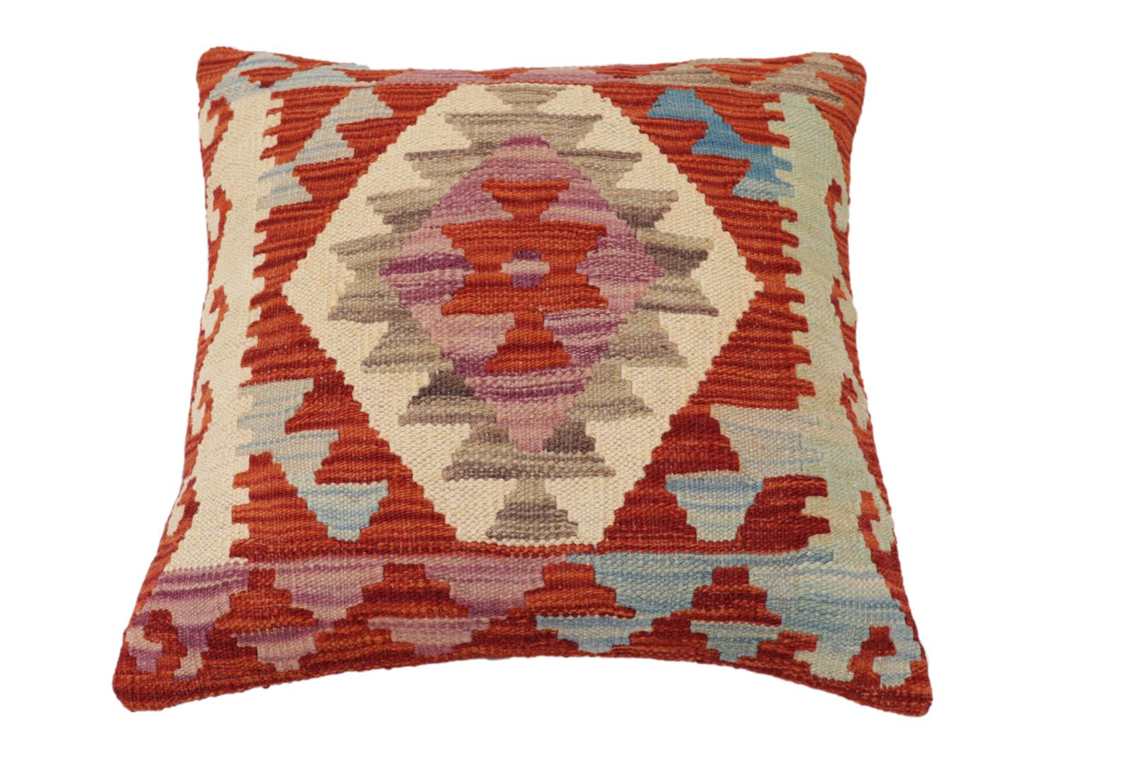 handmade Traditional Pillow Rust Blue Hand-Woven SQUARE 100% WOOL Hand woven turkish pillow2 x 2
