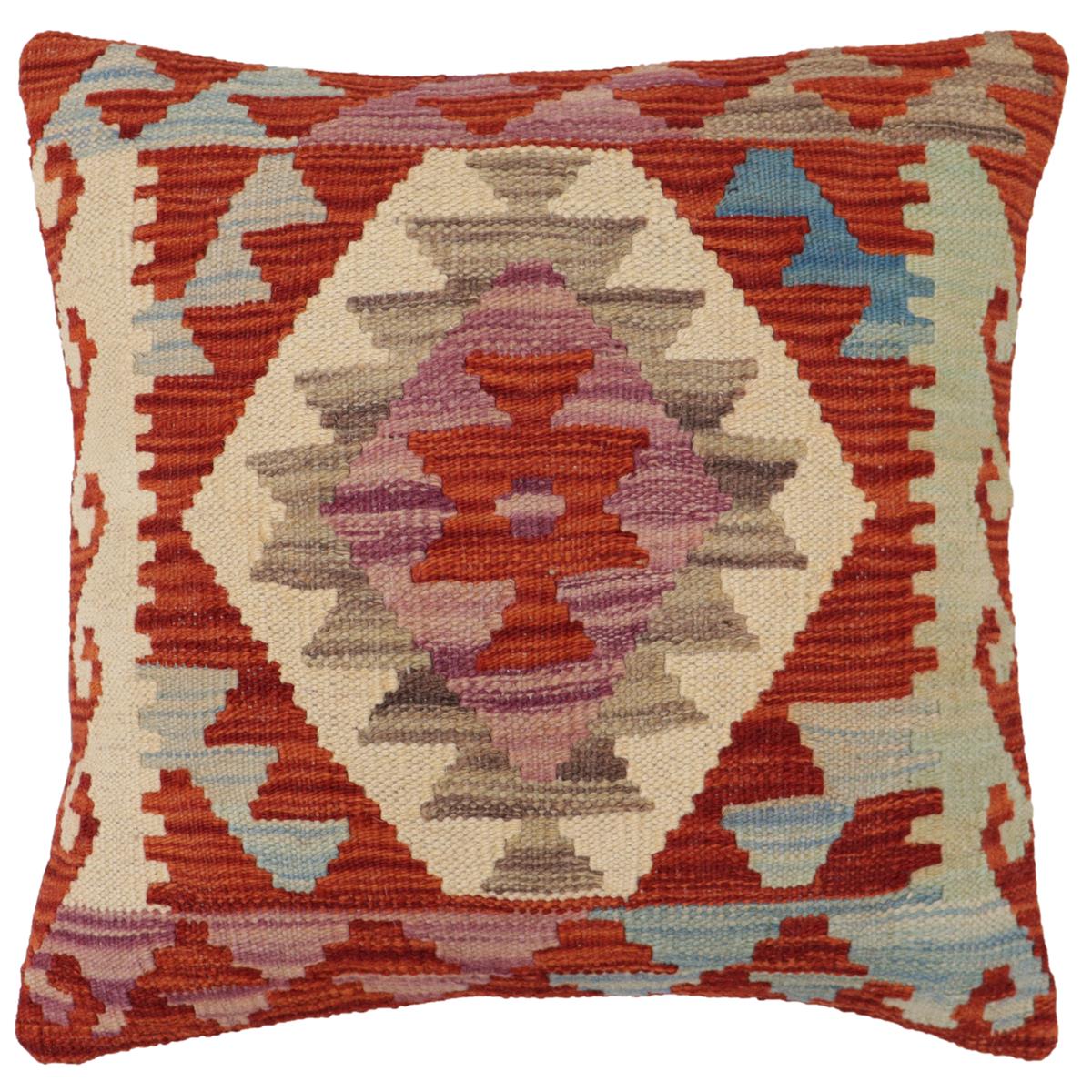handmade Traditional Pillow Rust Blue Hand-Woven SQUARE 100% WOOL Hand woven turkish pillow2 x 2