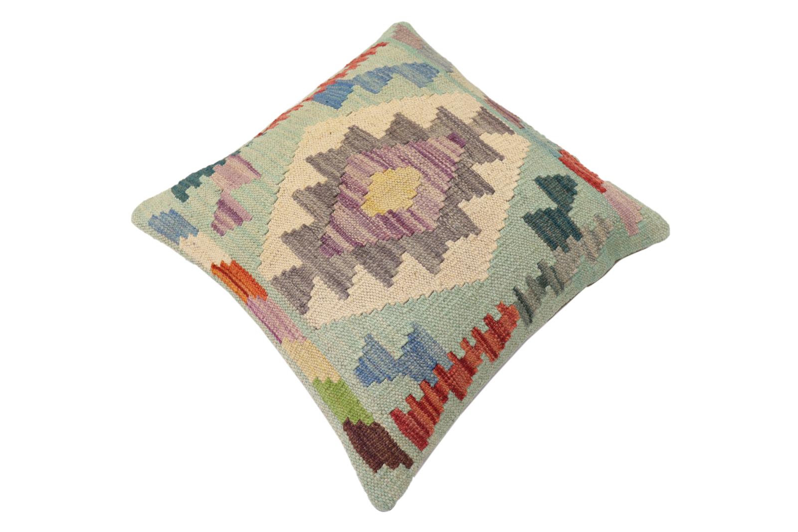 handmade Traditional Pillow Blue Rust Hand-Woven SQUARE 100% WOOL  Hand woven turkish pillow  2 x 2