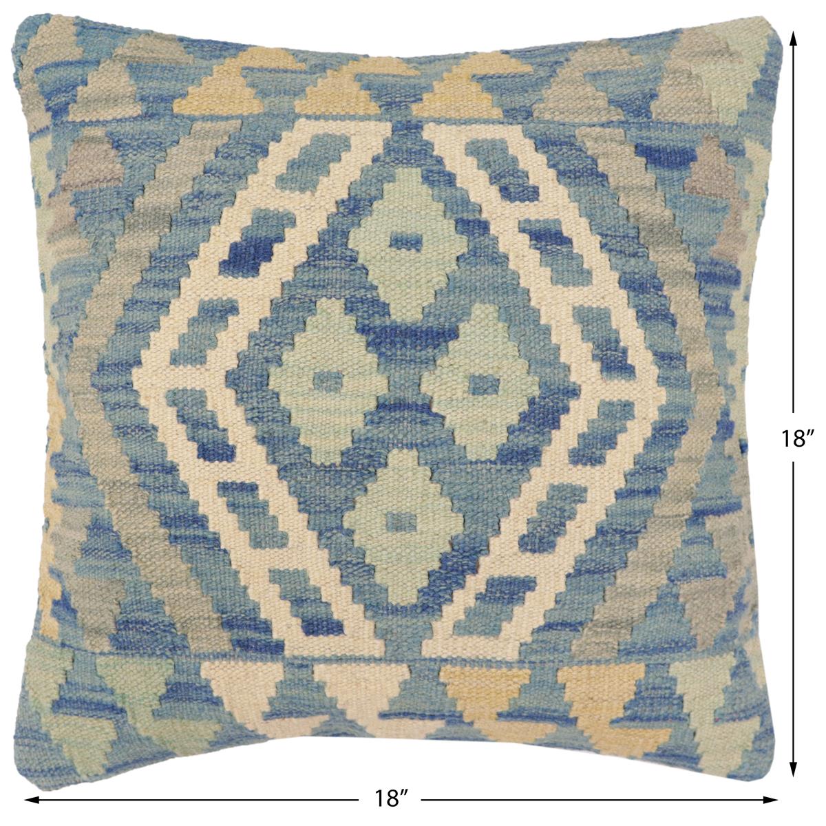 handmade Traditional Pillow Blue Beige Hand-Woven SQUARE 100% WOOL Hand woven turkish pillow2 x 2