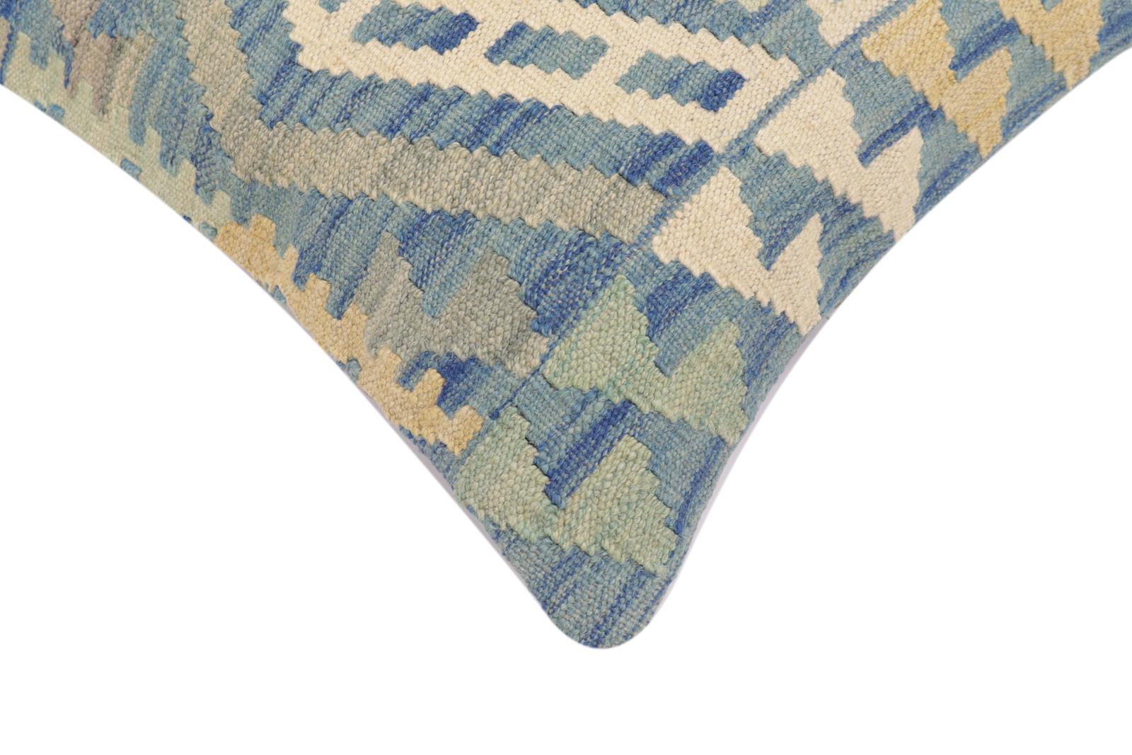 handmade Traditional Pillow Blue Beige Hand-Woven SQUARE 100% WOOL Hand woven turkish pillow2 x 2