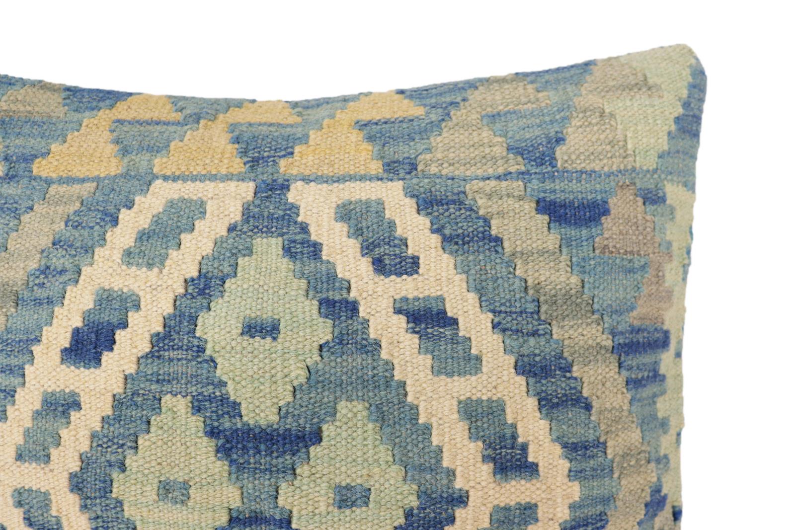 handmade Traditional Pillow Blue Beige Hand-Woven SQUARE 100% WOOL Hand woven turkish pillow2 x 2