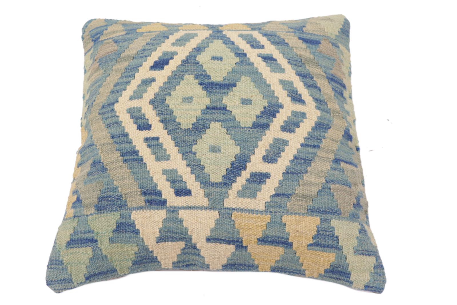handmade Traditional Pillow Blue Beige Hand-Woven SQUARE 100% WOOL Hand woven turkish pillow2 x 2
