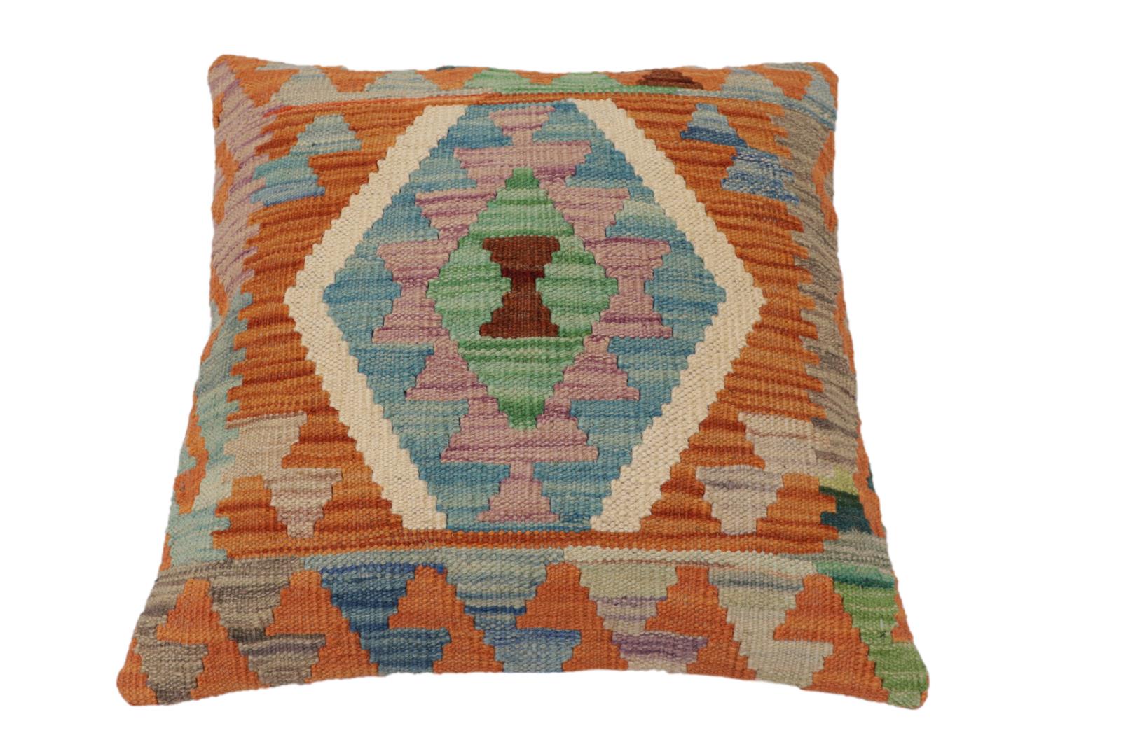 handmade Traditional Pillow Rust Blue Hand-Woven SQUARE 100% WOOL Hand woven turkish pillow2 x 2