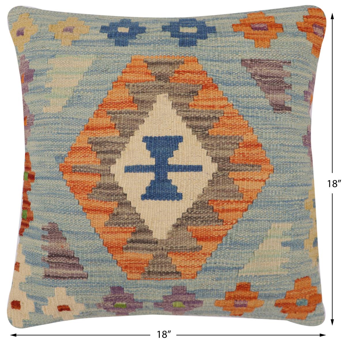 handmade Traditional Pillow Blue Rust Hand-Woven SQUARE 100% WOOL Hand woven turkish pillow2 x 2