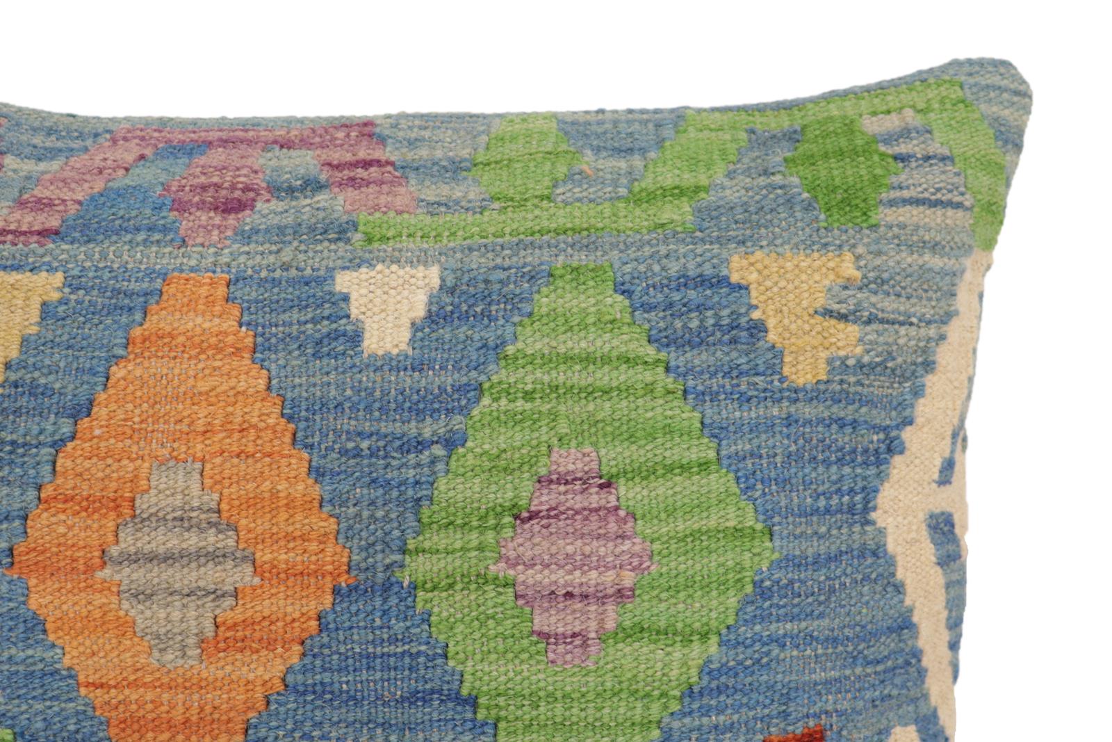 handmade Traditional Pillow Blue Rust Hand-Woven SQUARE 100% WOOL Hand woven turkish pillow2 x 2