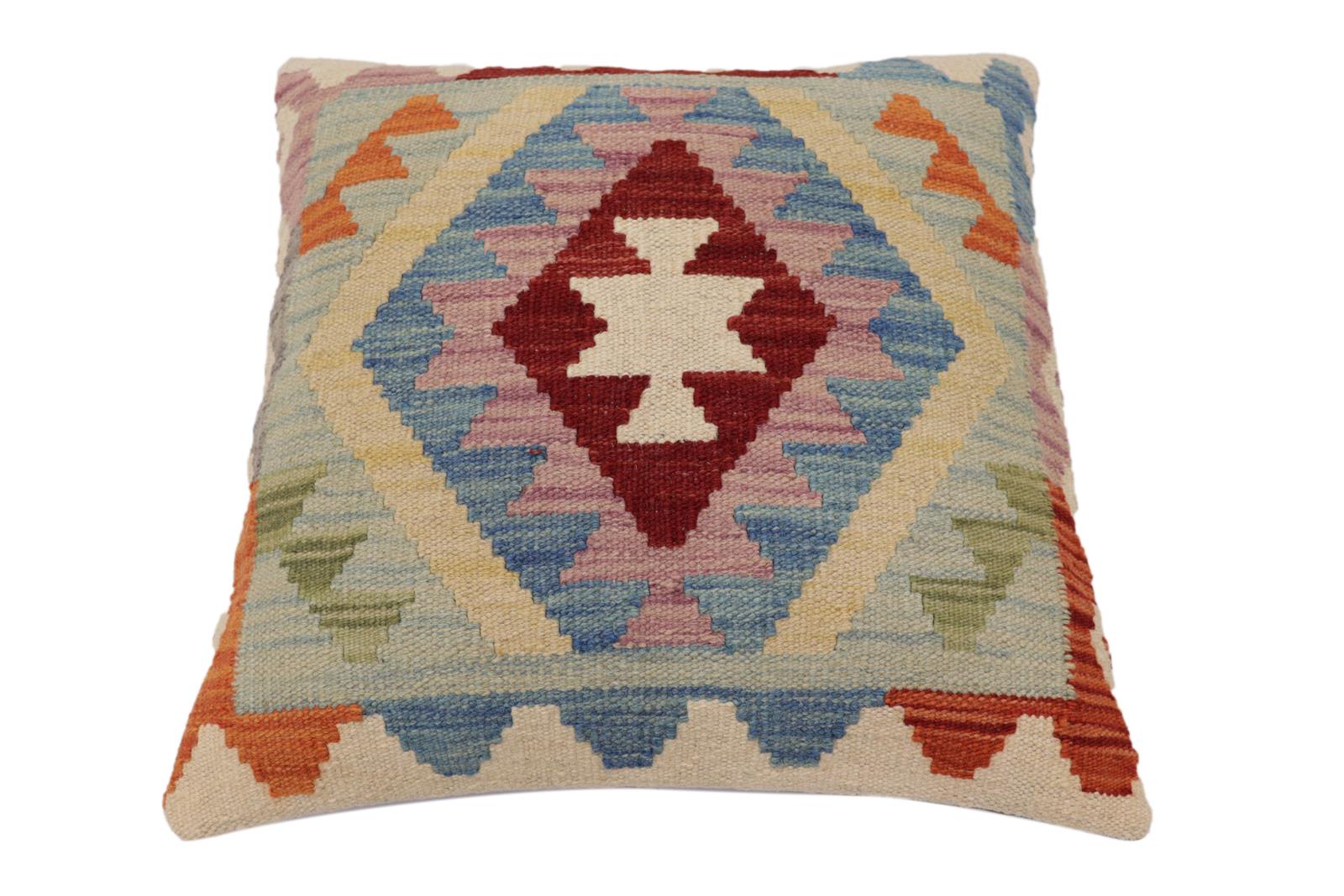 handmade Traditional Pillow Blue Red Hand-Woven SQUARE 100% WOOL Hand woven turkish pillow2 x 2