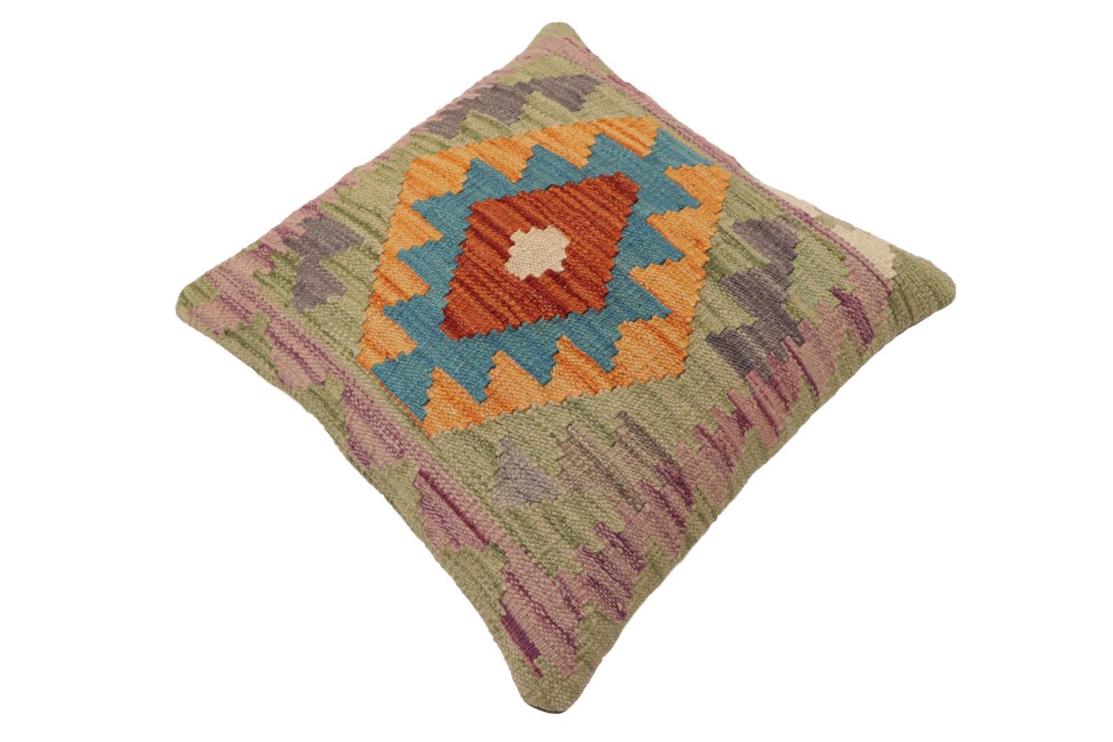 handmade Traditional Pillow Rust Blue Hand-Woven SQUARE 100% WOOL  Hand woven turkish pillow  2 x 2
