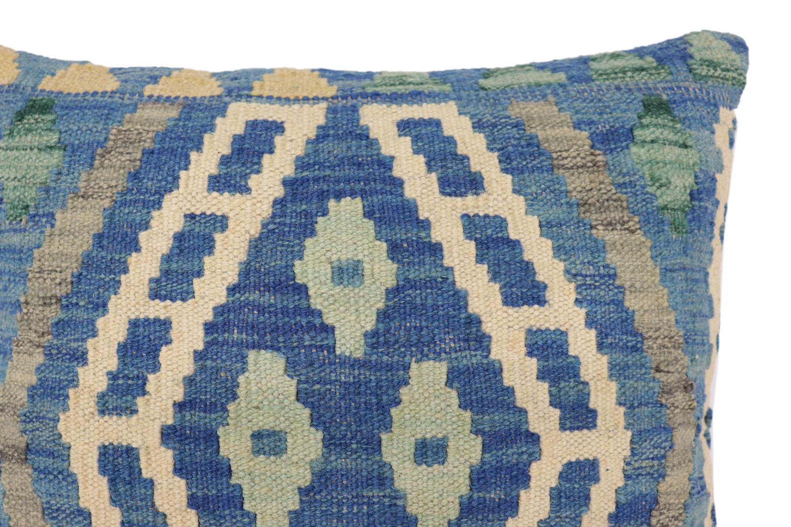 handmade Traditional Pillow Blue Gray Hand-Woven SQUARE 100% WOOL Hand woven turkish pillow2 x 2