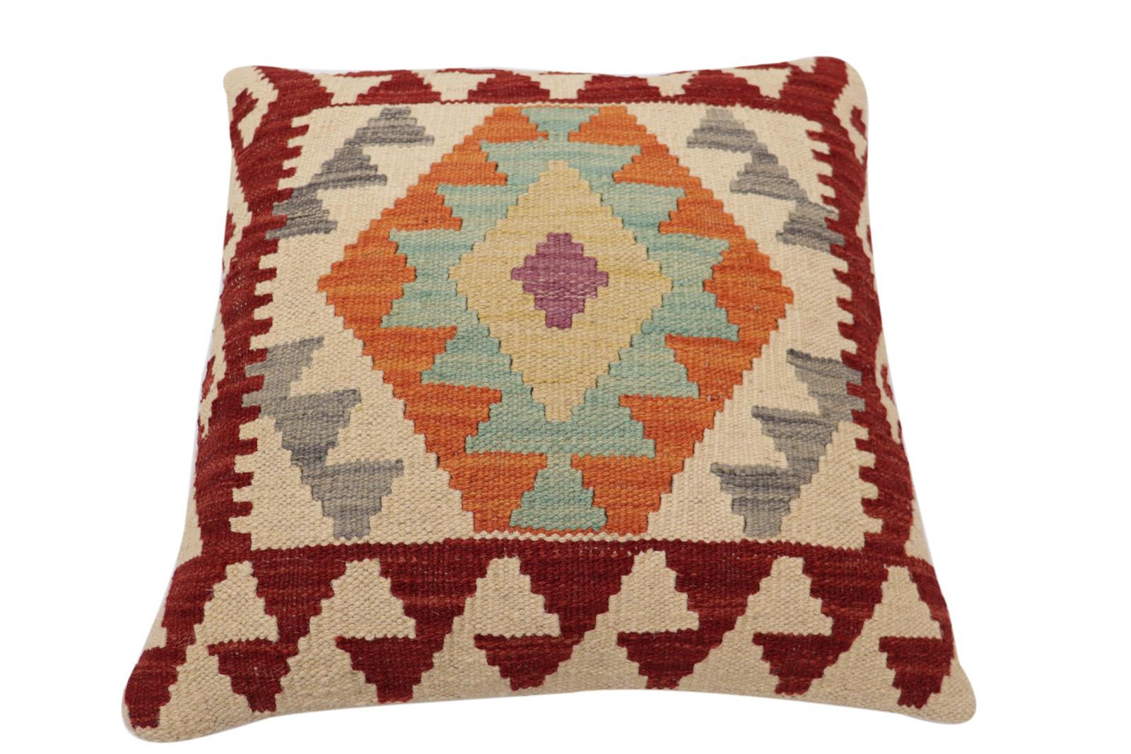 handmade Traditional Pillow Beige Red Hand-Woven SQUARE 100% WOOL Hand woven turkish pillow2 x 2