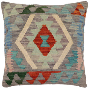 18x18 hand woven kilim throw pillow in gray, rust and blue - Southwestern Arellano