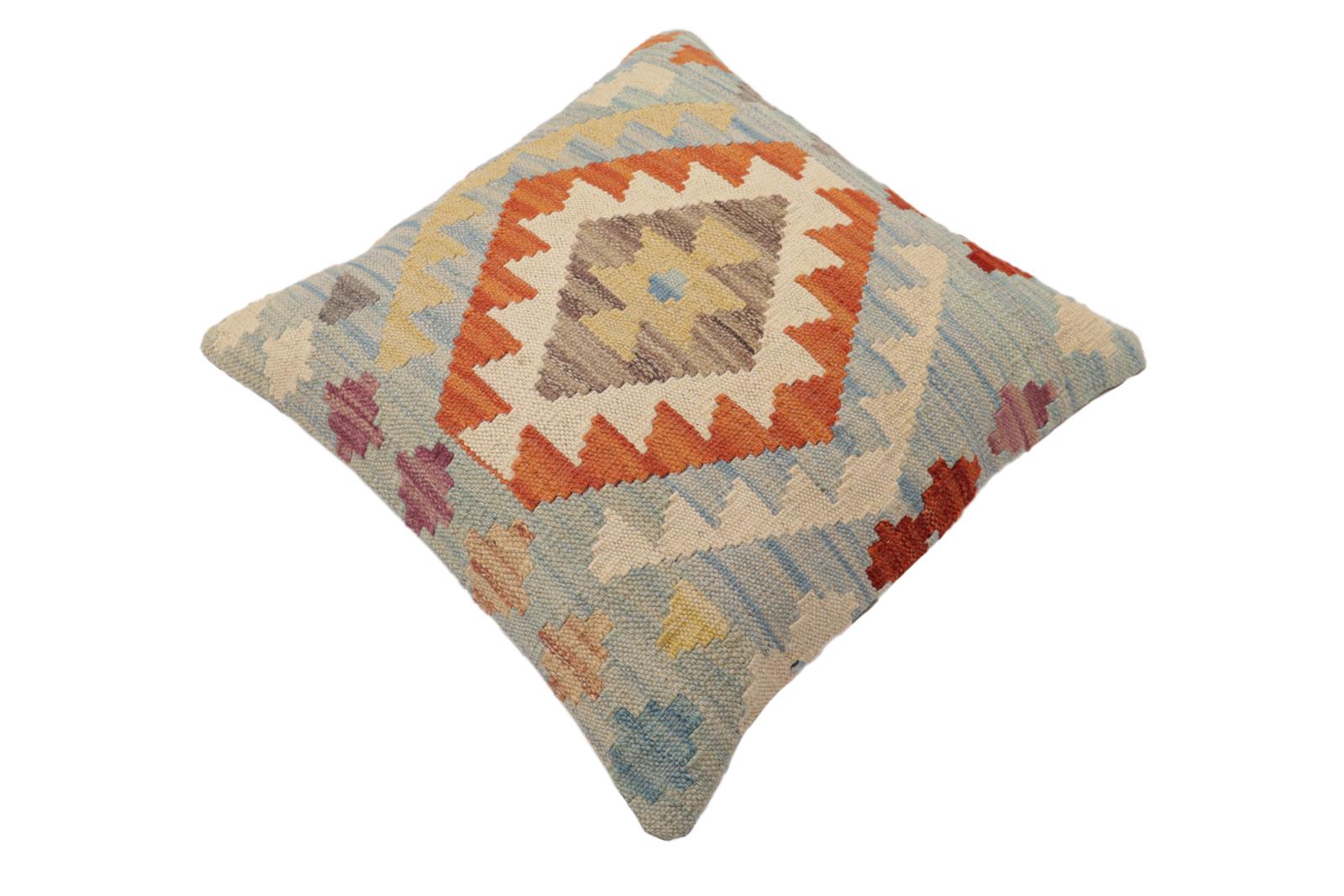 handmade Traditional Pillow Blue Rust Hand-Woven SQUARE 100% WOOL Hand woven turkish pillow2 x 2