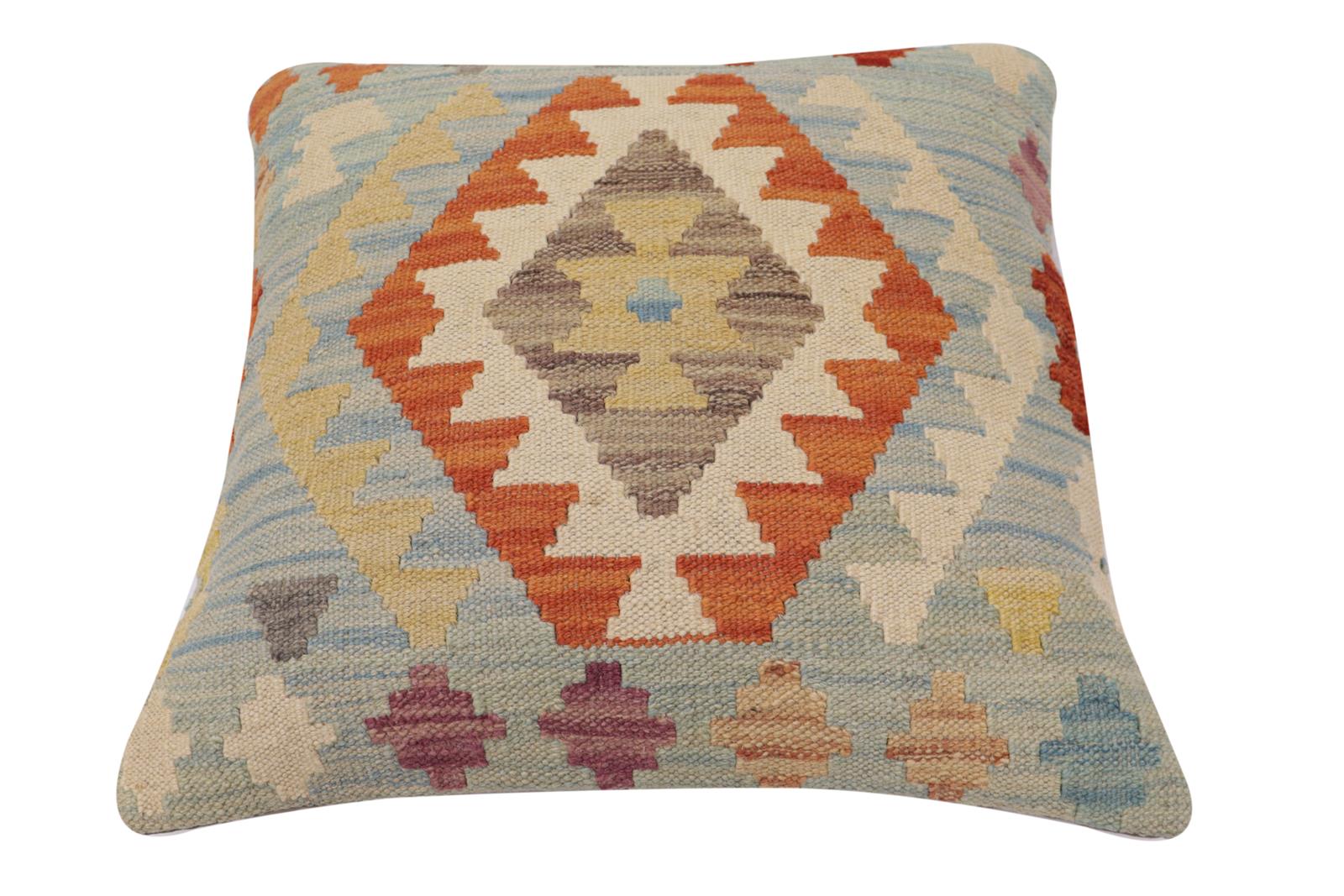 handmade Traditional Pillow Blue Rust Hand-Woven SQUARE 100% WOOL Hand woven turkish pillow2 x 2