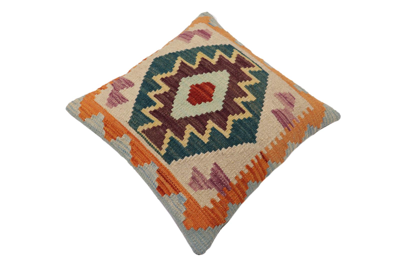 handmade Traditional Pillow Blue Rust Hand-Woven SQUARE 100% WOOL Hand woven turkish pillow2 x 2