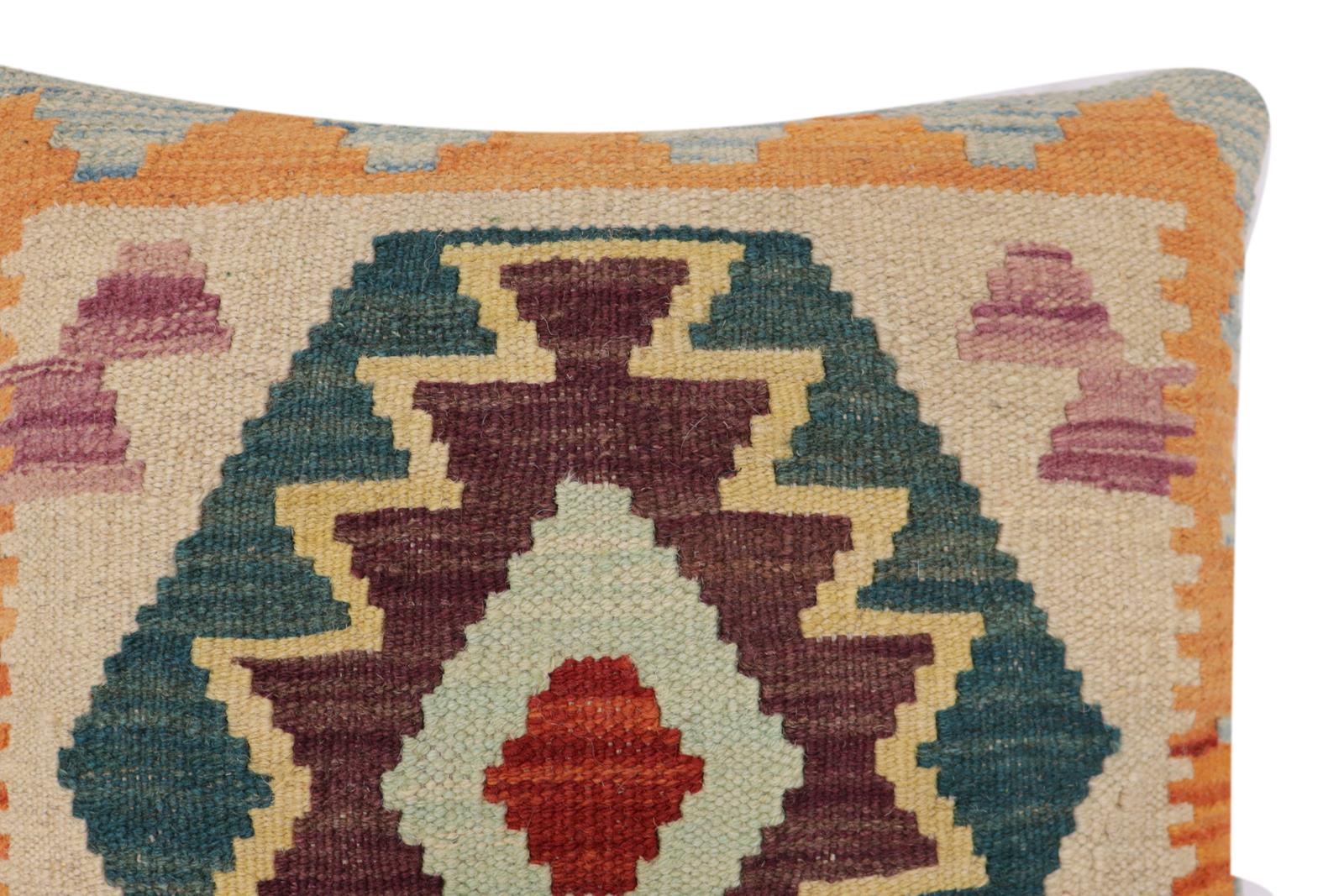 handmade Traditional Pillow Blue Rust Hand-Woven SQUARE 100% WOOL Hand woven turkish pillow2 x 2