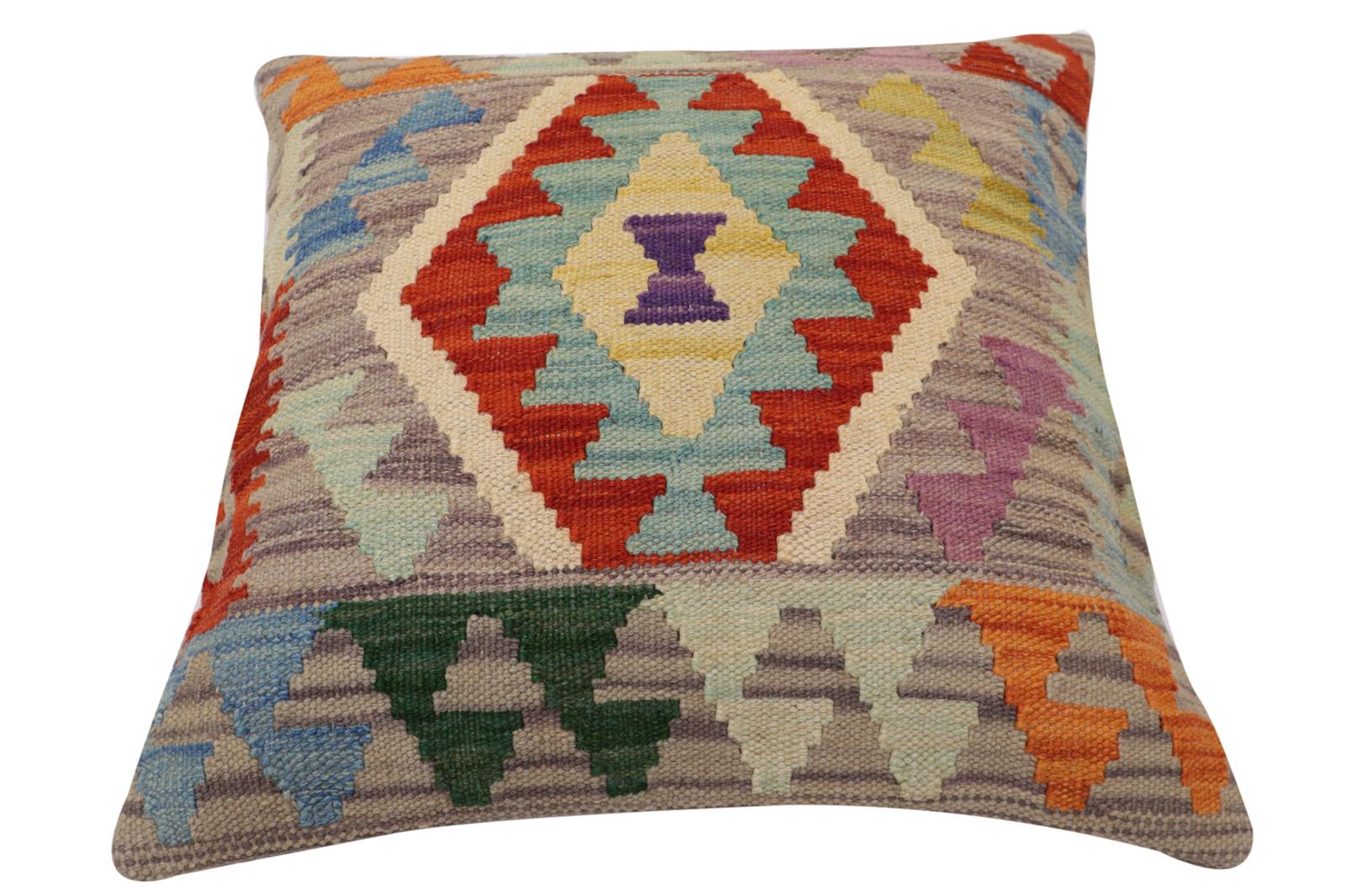handmade Traditional Pillow Rust Blue Hand-Woven SQUARE 100% WOOL Hand woven turkish pillow2 x 2