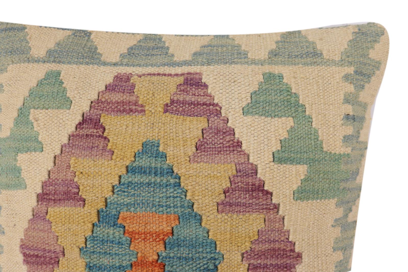 handmade Traditional Pillow Beige Blue Hand-Woven SQUARE 100% WOOL  Hand woven turkish pillow  2 x 2