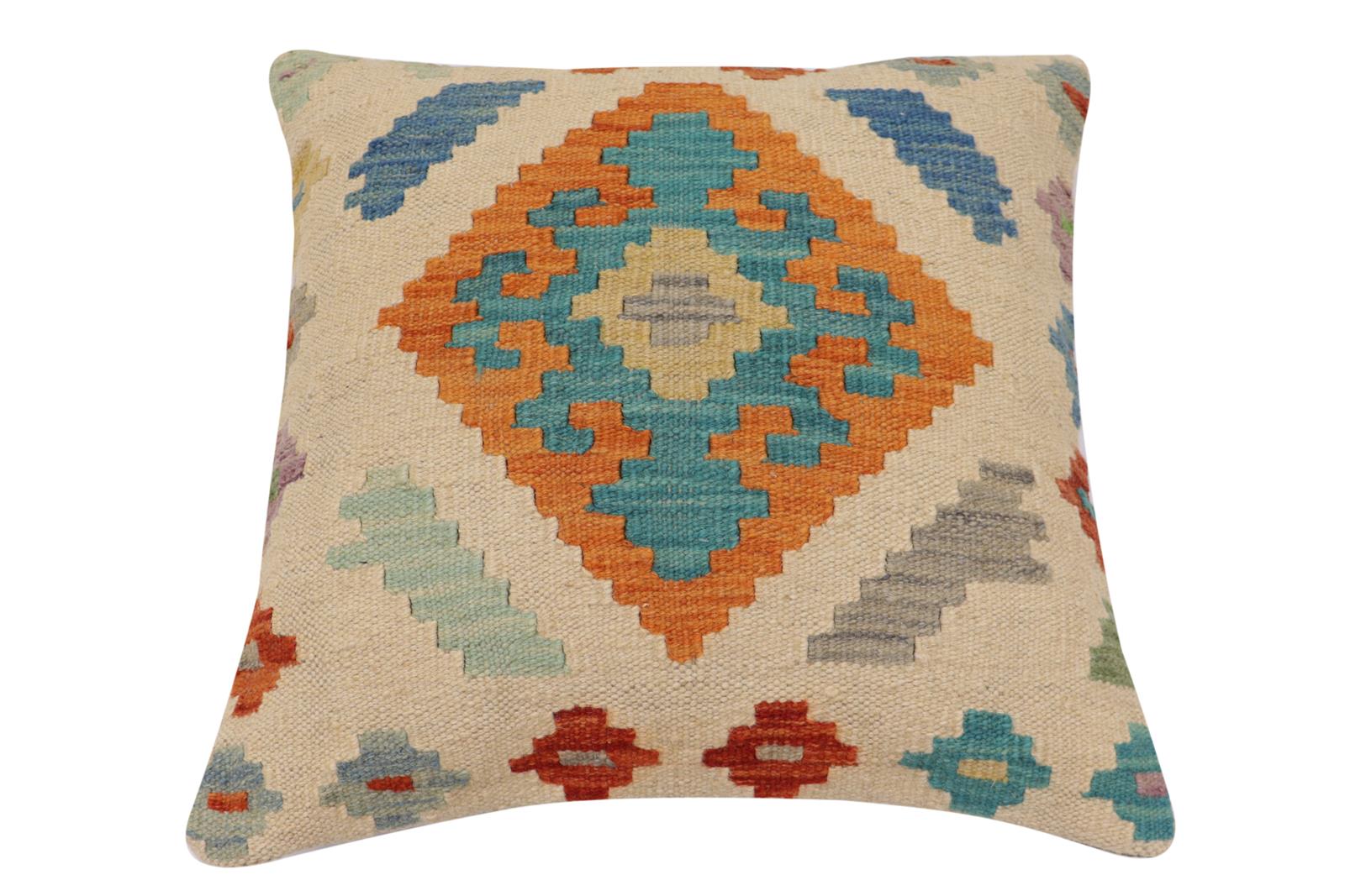 handmade Traditional Pillow Beige Blue Hand-Woven SQUARE 100% WOOL Hand woven turkish pillow2 x 2