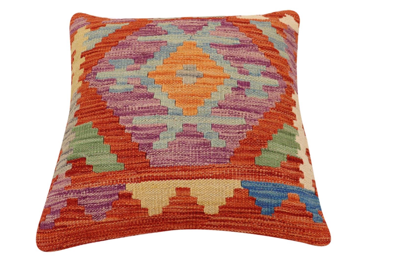 handmade Traditional Pillow Rust Blue Hand-Woven SQUARE 100% WOOL Hand woven turkish pillow2 x 2