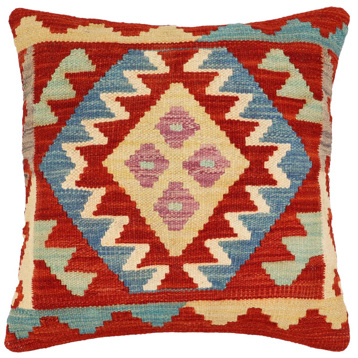handmade Traditional Pillow Rust Blue Hand-Woven SQUARE 100% WOOL Hand woven turkish pillow2 x 2