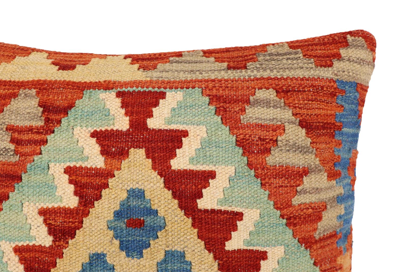 handmade Traditional Pillow Rust Blue Hand-Woven SQUARE 100% WOOL Hand woven turkish pillow2 x 2
