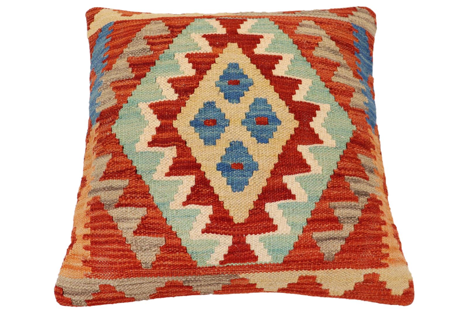 handmade Traditional Pillow Rust Blue Hand-Woven SQUARE 100% WOOL Hand woven turkish pillow2 x 2