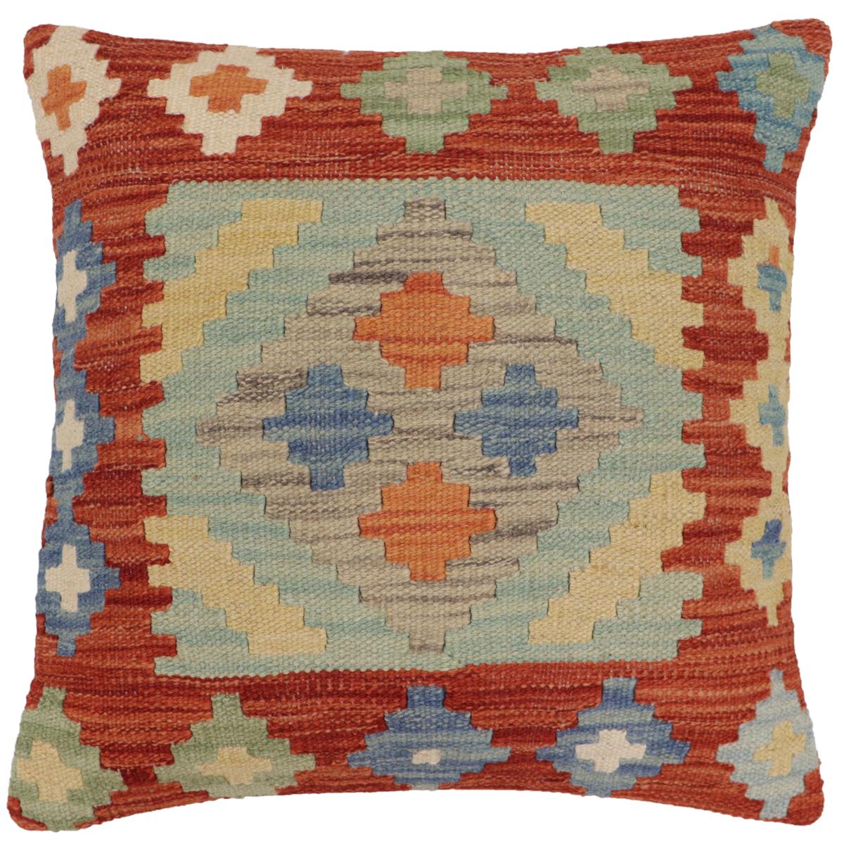handmade Traditional Pillow Rust Blue Hand-Woven SQUARE 100% WOOL Hand woven turkish pillow2 x 2