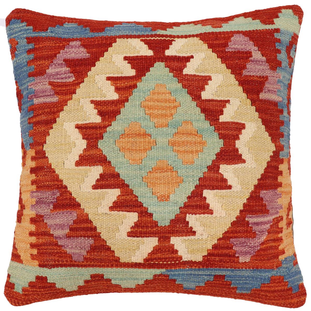 handmade Traditional Pillow Rust Blue Hand-Woven SQUARE 100% WOOL Hand woven turkish pillow2 x 2