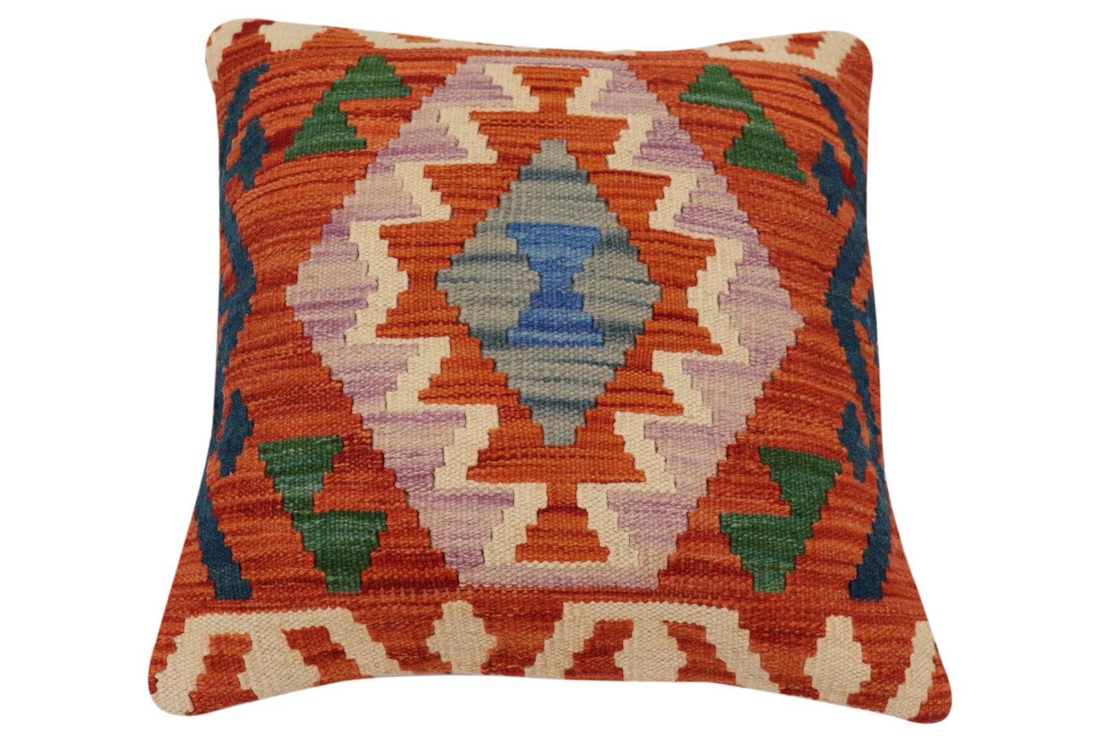 handmade Traditional Pillow Rust Blue Hand-Woven SQUARE 100% WOOL Hand woven turkish pillow2 x 2