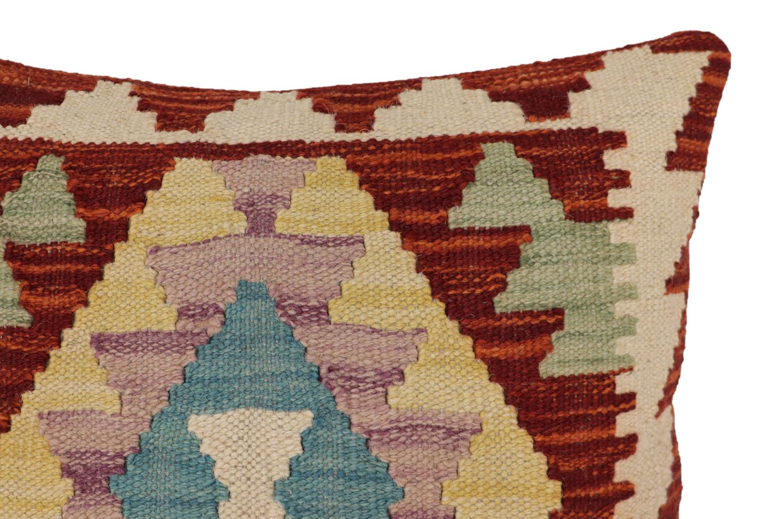handmade Traditional Pillow Rust Blue Hand-Woven SQUARE 100% WOOL  Hand woven turkish pillow  2 x 2