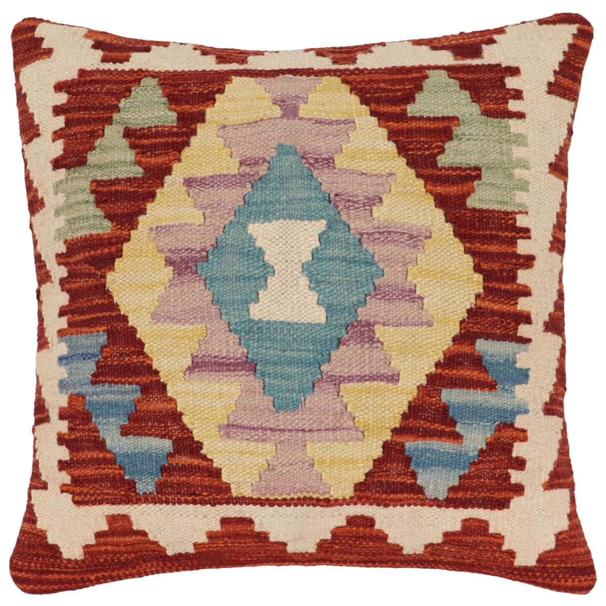 handmade Traditional Pillow Rust Blue Hand-Woven SQUARE 100% WOOL  Hand woven turkish pillow  2 x 2