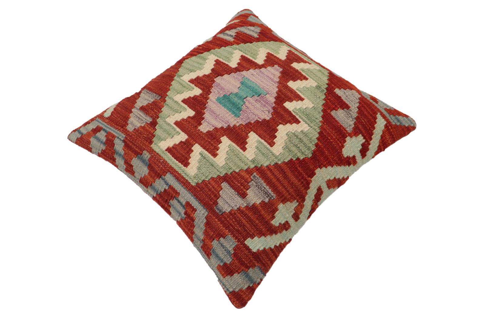 handmade Traditional Pillow Rust Blue Hand-Woven SQUARE 100% WOOL Hand woven turkish pillow2 x 2