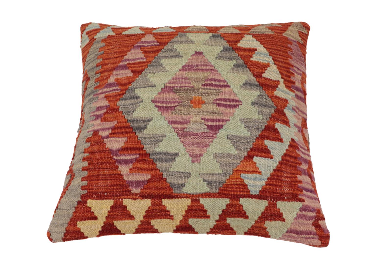 handmade Traditional Pillow Rust Blue Hand-Woven SQUARE 100% WOOL Hand woven turkish pillow2 x 2
