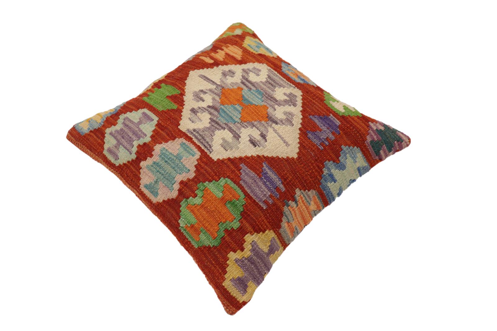 handmade Traditional Pillow Rust Blue Hand-Woven SQUARE 100% WOOL Hand woven turkish pillow2 x 2