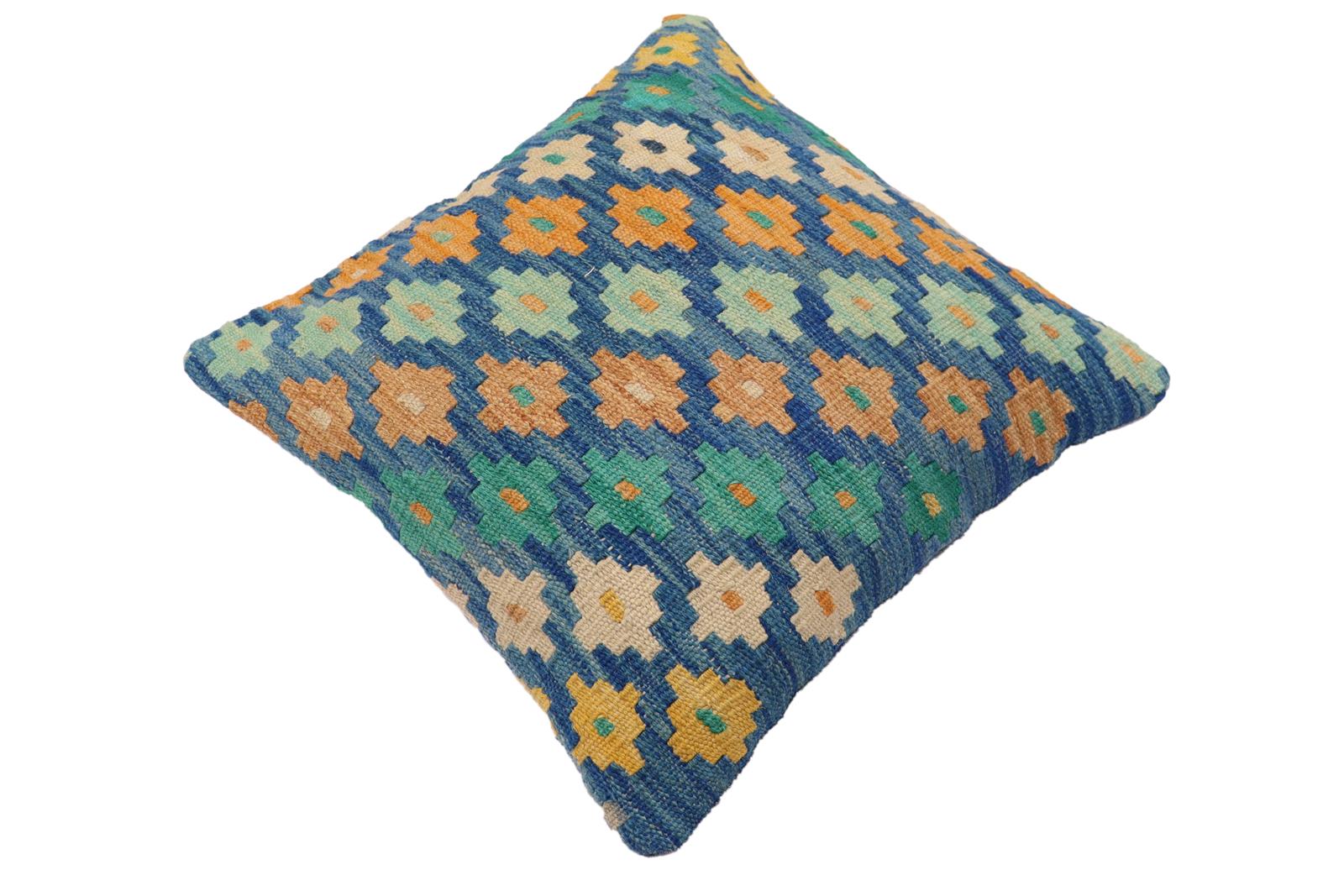 handmade Traditional Pillow Blue Beige Hand-Woven SQUARE 100% WOOL Hand woven turkish pillow2 x 2