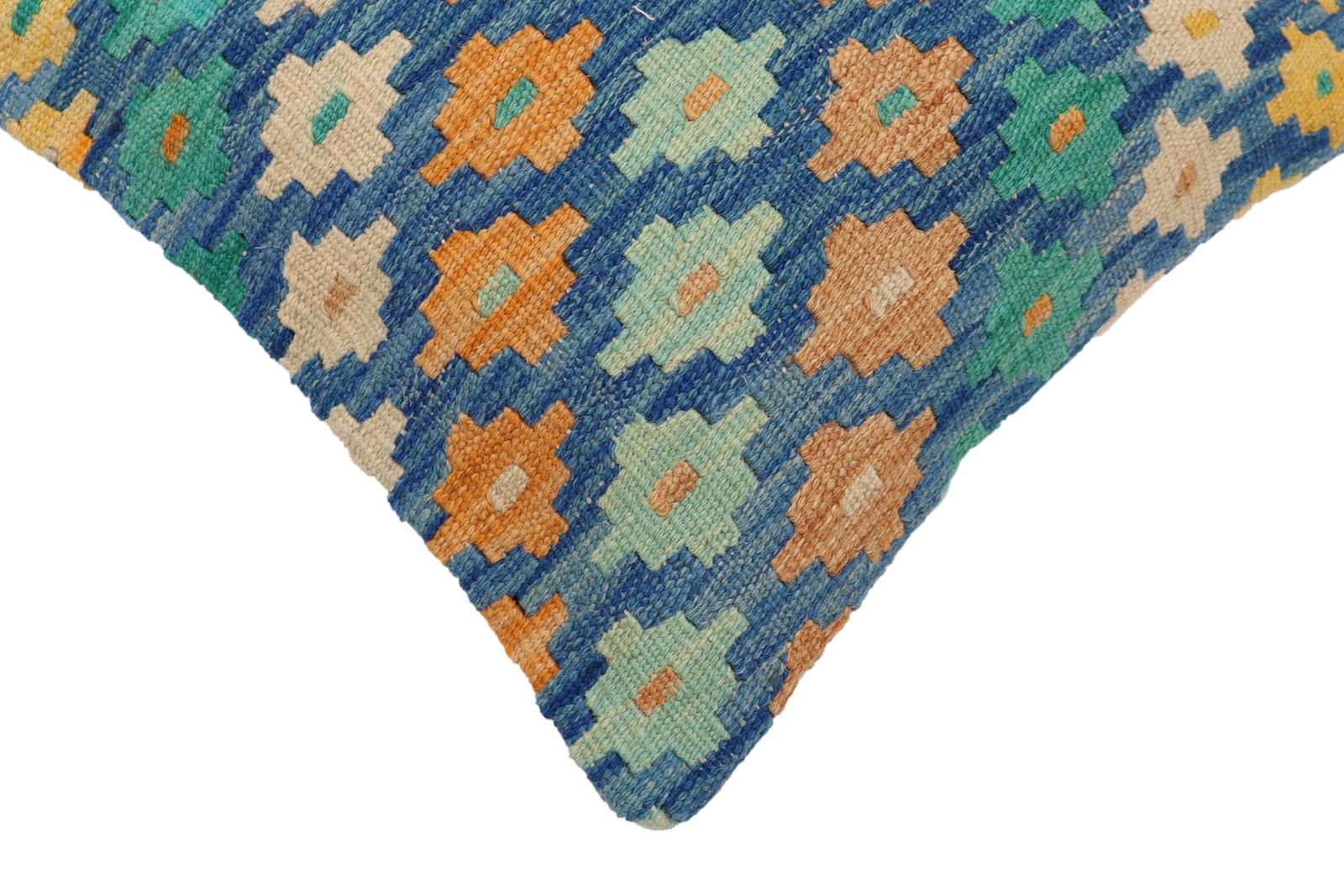 handmade Traditional Pillow Blue Beige Hand-Woven SQUARE 100% WOOL Hand woven turkish pillow2 x 2