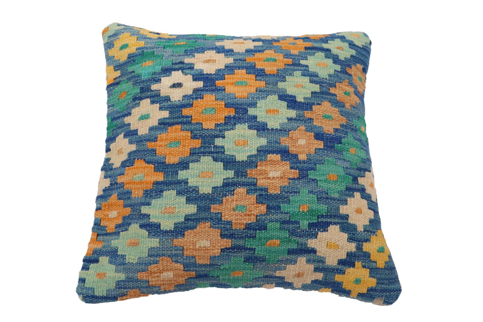 handmade Traditional Pillow Blue Beige Hand-Woven SQUARE 100% WOOL Hand woven turkish pillow2 x 2