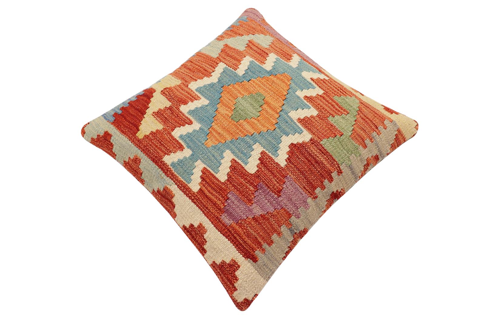 handmade Traditional Pillow Rust Blue Hand-Woven SQUARE 100% WOOL Hand woven turkish pillow2 x 2