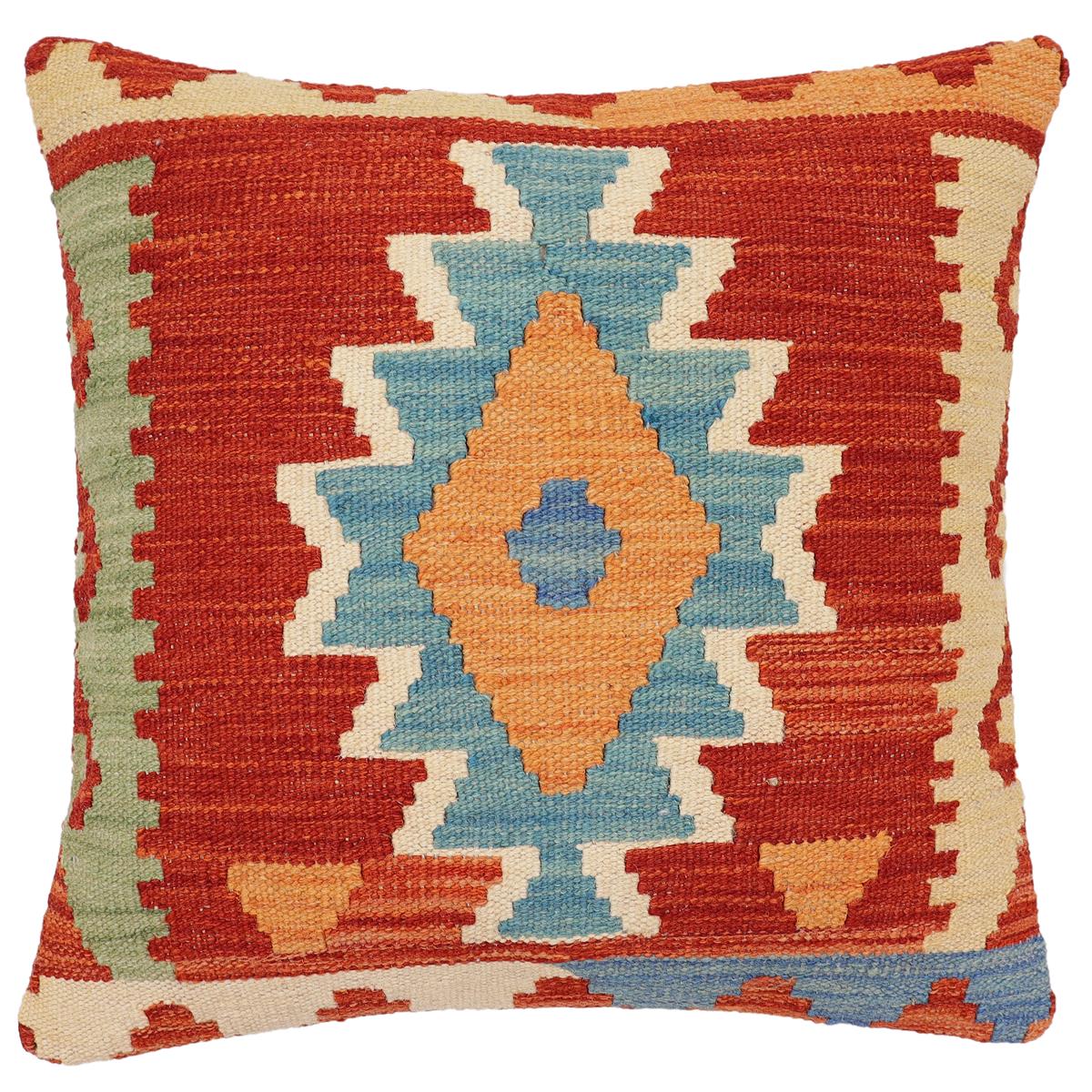 handmade Traditional Pillow Rust Blue Hand-Woven SQUARE 100% WOOL Hand woven turkish pillow2 x 2