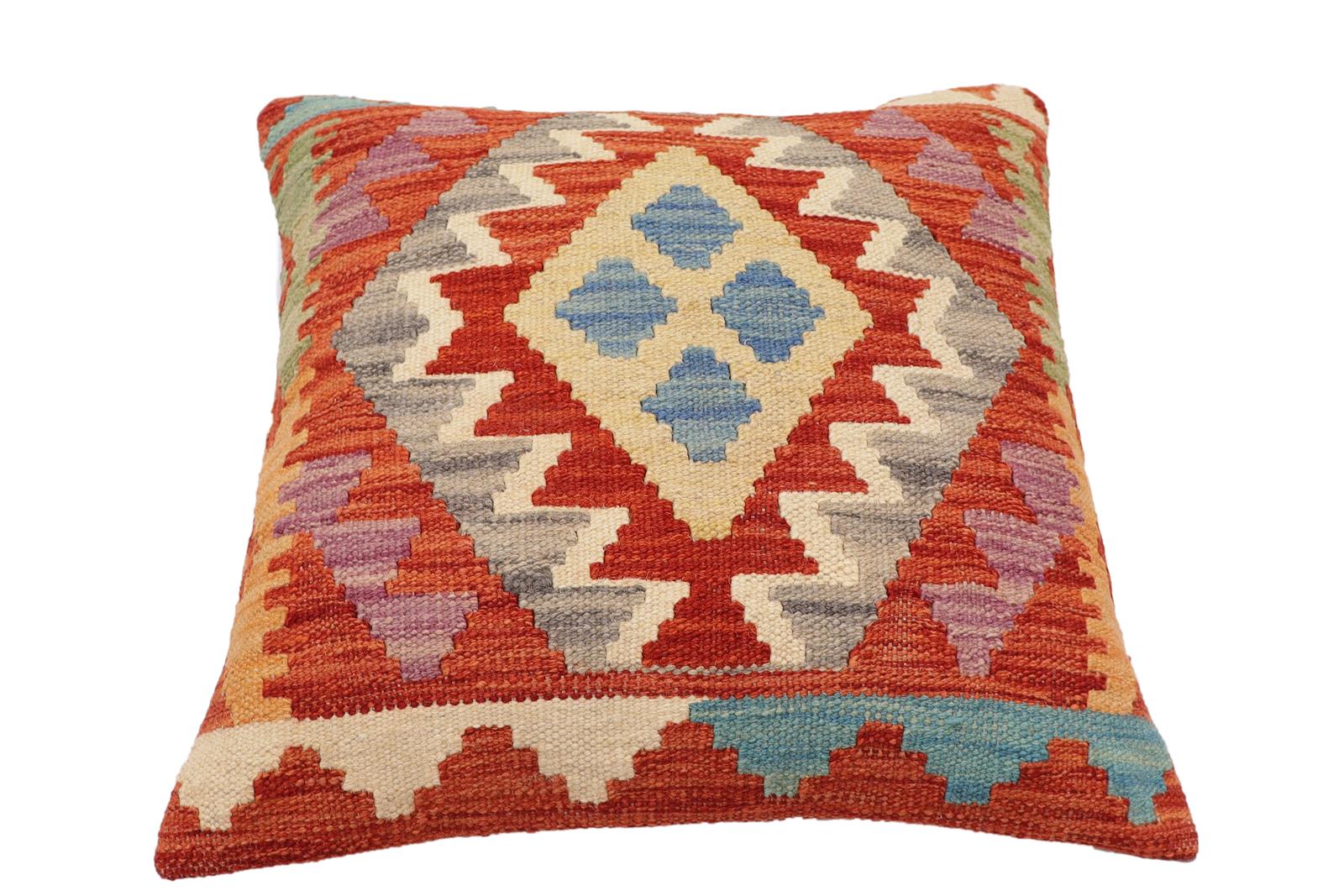 handmade Traditional Pillow Rust Blue Hand-Woven SQUARE 100% WOOL Hand woven turkish pillow2 x 2