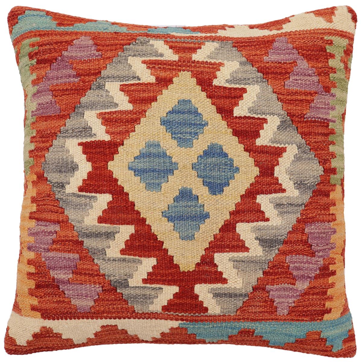 handmade Traditional Pillow Rust Blue Hand-Woven SQUARE 100% WOOL Hand woven turkish pillow2 x 2
