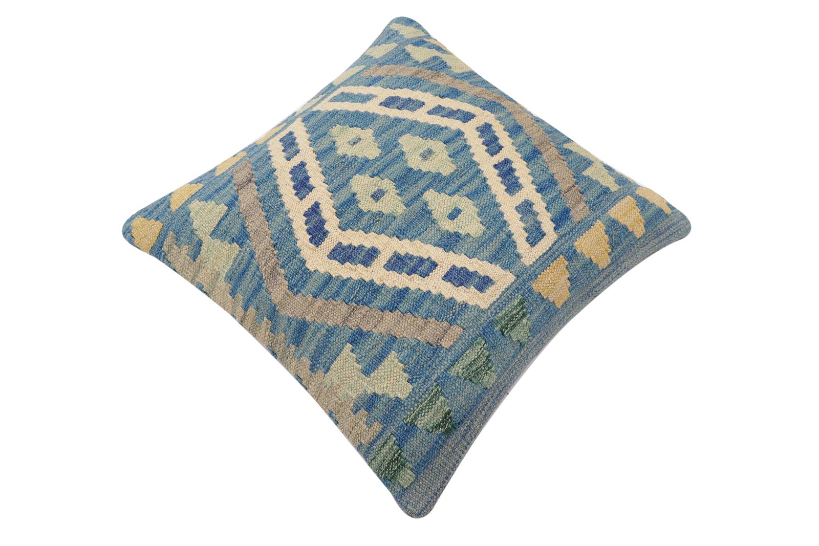 handmade Traditional Pillow Blue Gray Hand-Woven SQUARE 100% WOOL Hand woven turkish pillow2 x 2