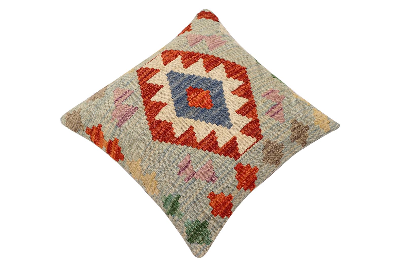 handmade Traditional Pillow Blue Rust Hand-Woven SQUARE 100% WOOL Hand woven turkish pillow2 x 2